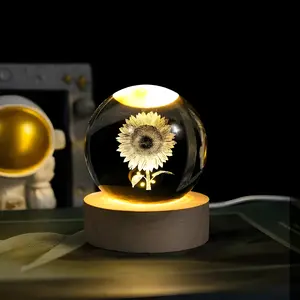 3D Sunflower Crystal Ball Night Light, USB Powered Colorful Switch Base, LED Lighting Atmosphere Decor, Perfect Gift for Home Office
