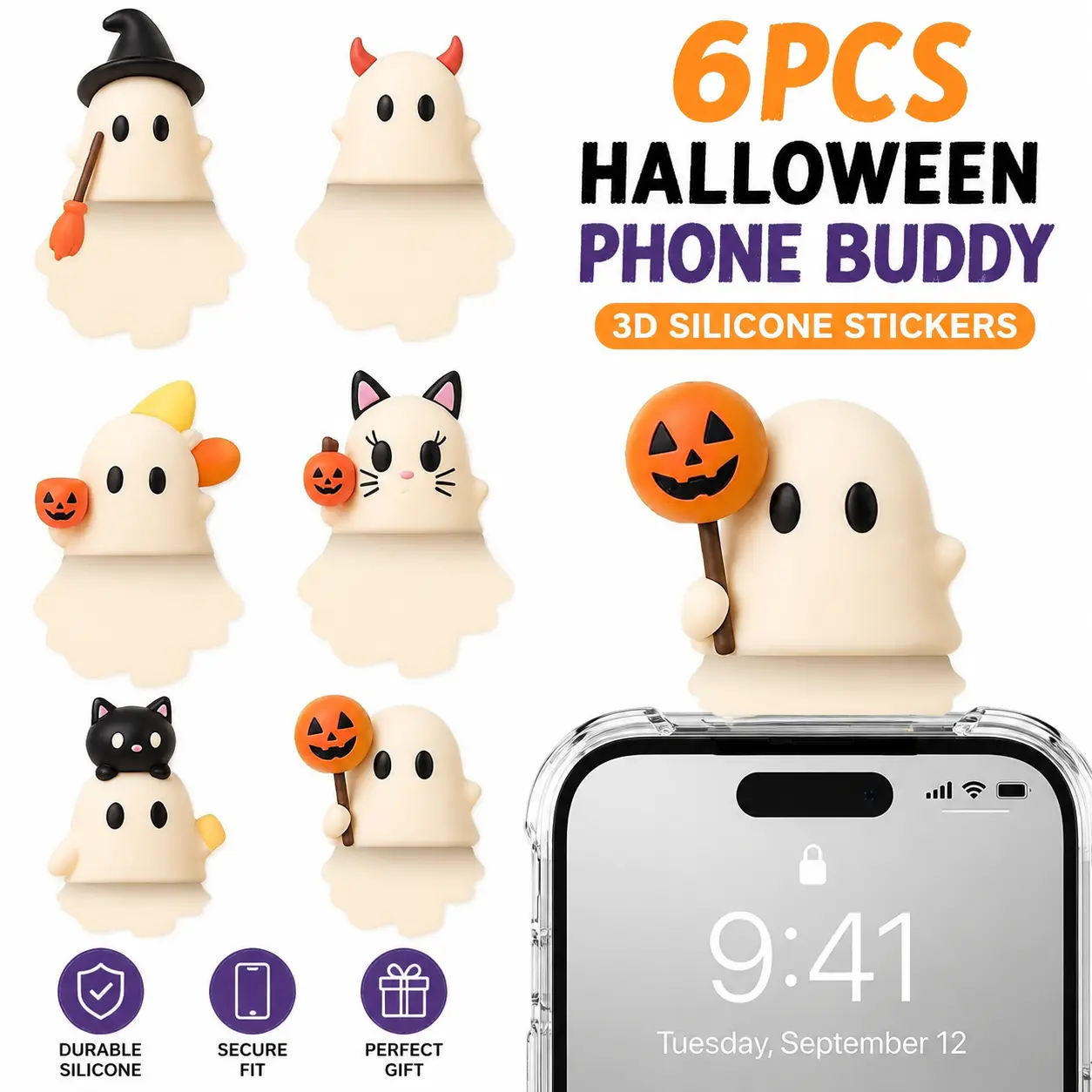 6PCS Halloween Ghost Phone Buddy Set, 3D Silicone Phone Stickers, Cute Phone Topper Decorations for Smartphones, Reusable Halloween Party Favor