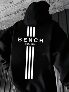 Men's Bench Brand Fitted Graphic Printed Hoodie, Fashion Urban Streetwear Sweatshirt with Retro Logo Design, Comfortable Casual Wear for Daily Life, Outdoor Activities, Trendy Loungewear, Casual Sports Hoodie