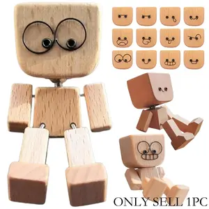 Shaking Wooden Man Dashboard Figurine - Handmade Bobble Legs Wooden Doll with 12 Magnetic Face Expressions