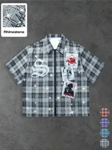 Unisex American Style Plaid Shirt, High-End Plaid, Bling Rhinestones, Half-Zip Closure, Vintage Patchwork, Artistic Lettering
