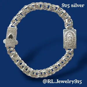 925 Silver Chino Link Virgin Mary Bracelet  CZ Iced Clasp Religious Jewelry 7” 6.5mm Statement Piece