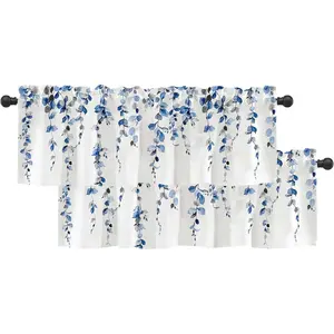 2 Pack Watercolor Blue Leaves Window Valance for Bedroom Living Room, Leaf Vine Plant Curtain Valance with 3" Rod Pocket Window Treatment for Home Decor, 54 x 18 Inch, 2 Panel