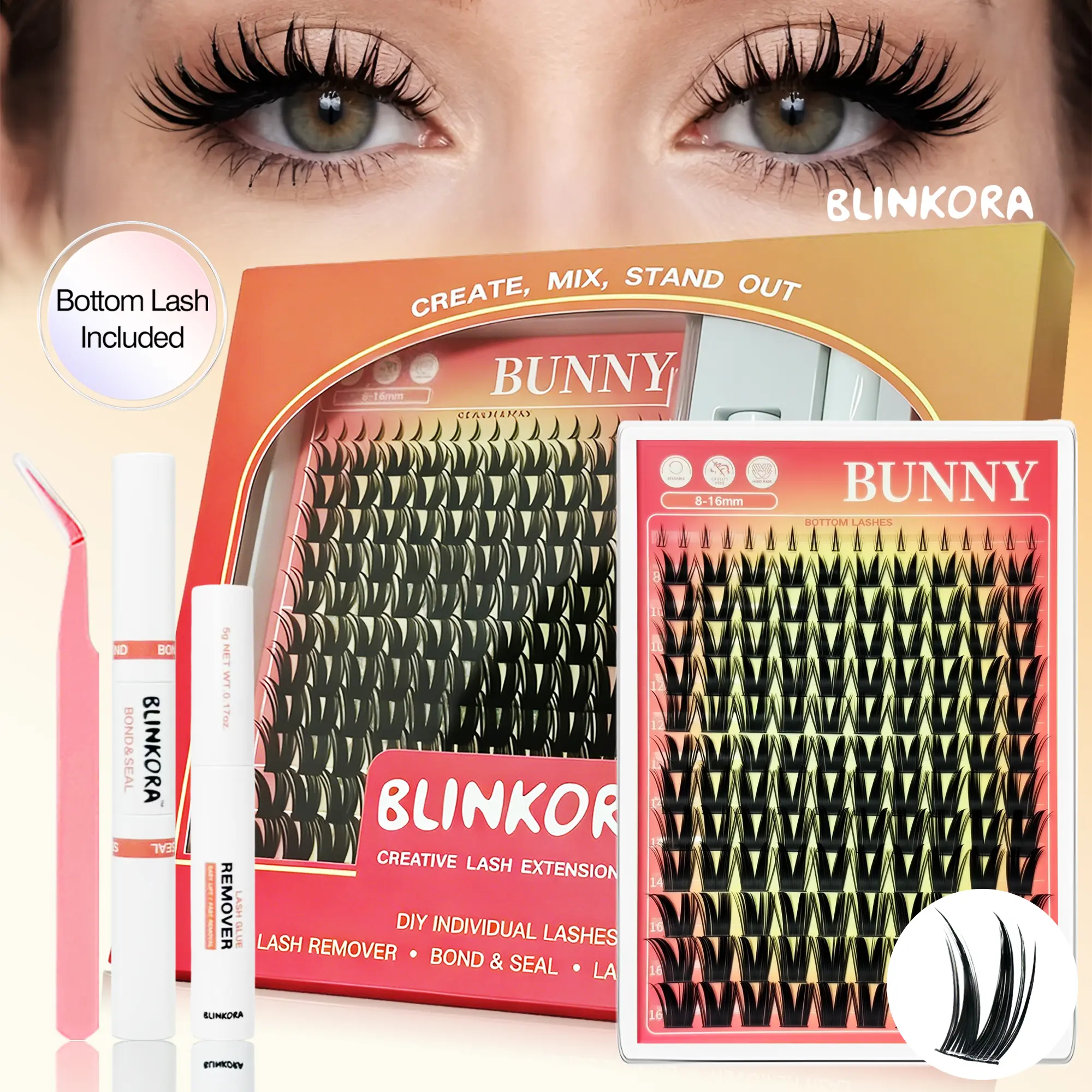 Blinkora Bunny Lash Cluster Kit, Waterproof & Long-Lasting DIY Lash Extensions for Beginners, Includes Bond, Seal, Remover & Applicator, 10-18mm, Eyelashes Clusters