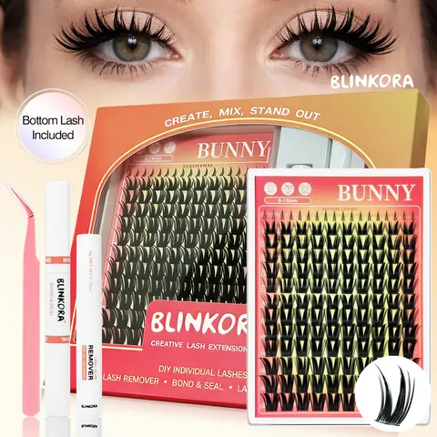 Blinkora Cosmetic Eyelash Extension Cluster Lashes Kit - 10-16mm Thin Band Pre-spike Wispy Dramatic Lashes, Waterproof, Long-Lasting, Beginner-Friendly DIY Set with Bond, Seal, Remover & Applicator