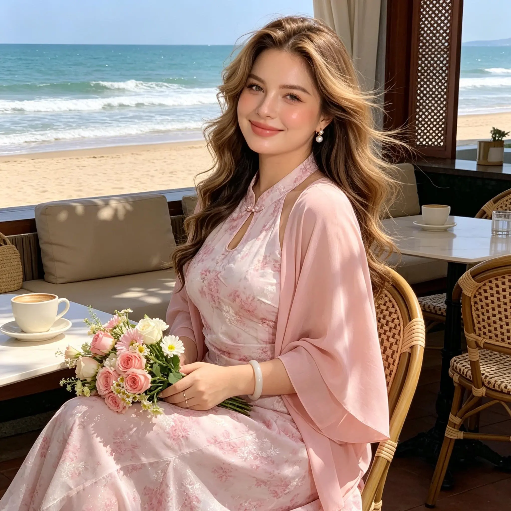 Plus Size Soft Pink Cherry Blossom Shiny Jacquard Halter Modified Cheongsam 2 Piece Set, Waist Ruched Mermaid Long Dress, Fairy Chiffon Sun Protection Cardigan Outfit