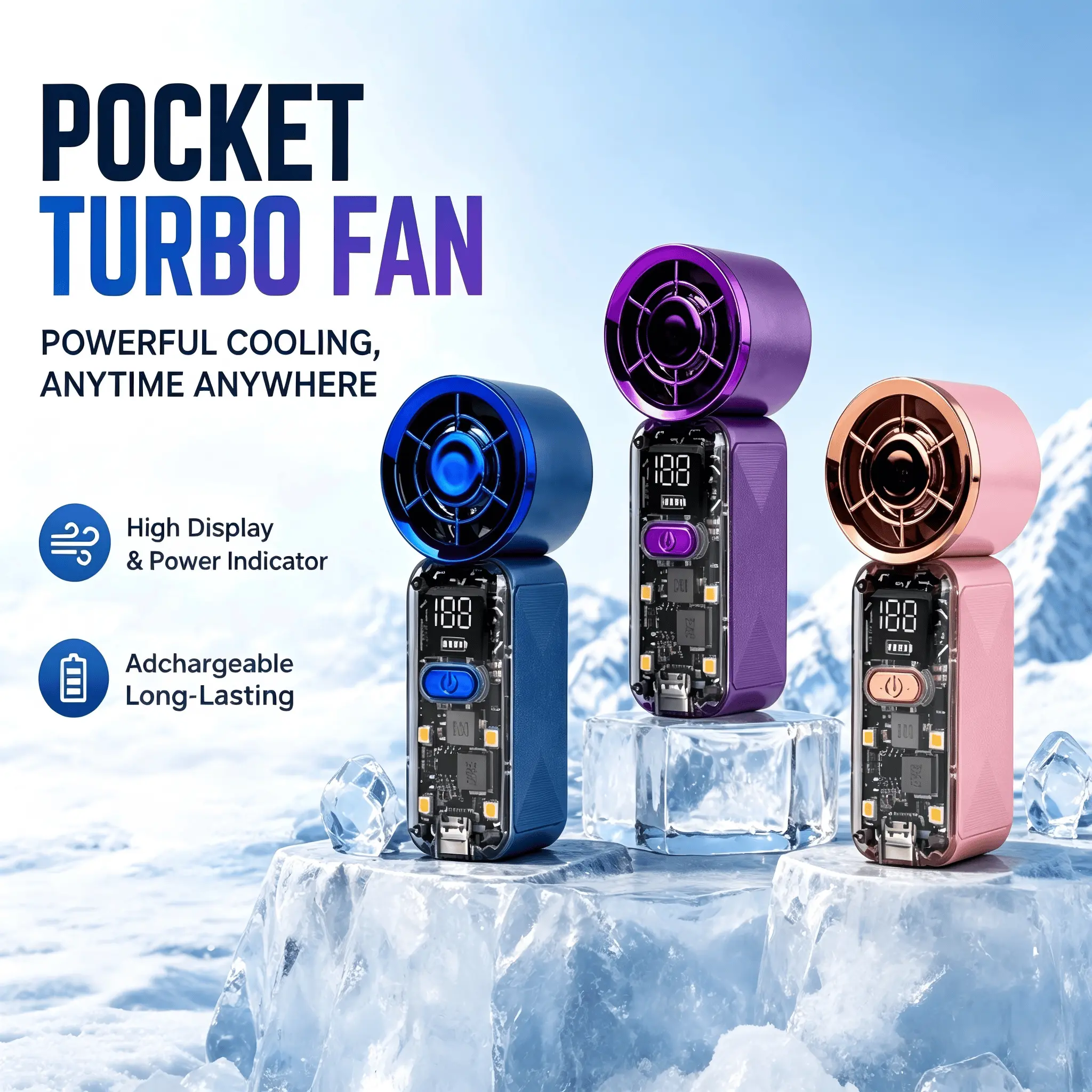 Portable Turbo Fan USB Rechargeable Pocket Fan with Digital Display, 100 Speed Adjustable, Powerful Handheld Mini Cooling Fan for Travel Camping Office