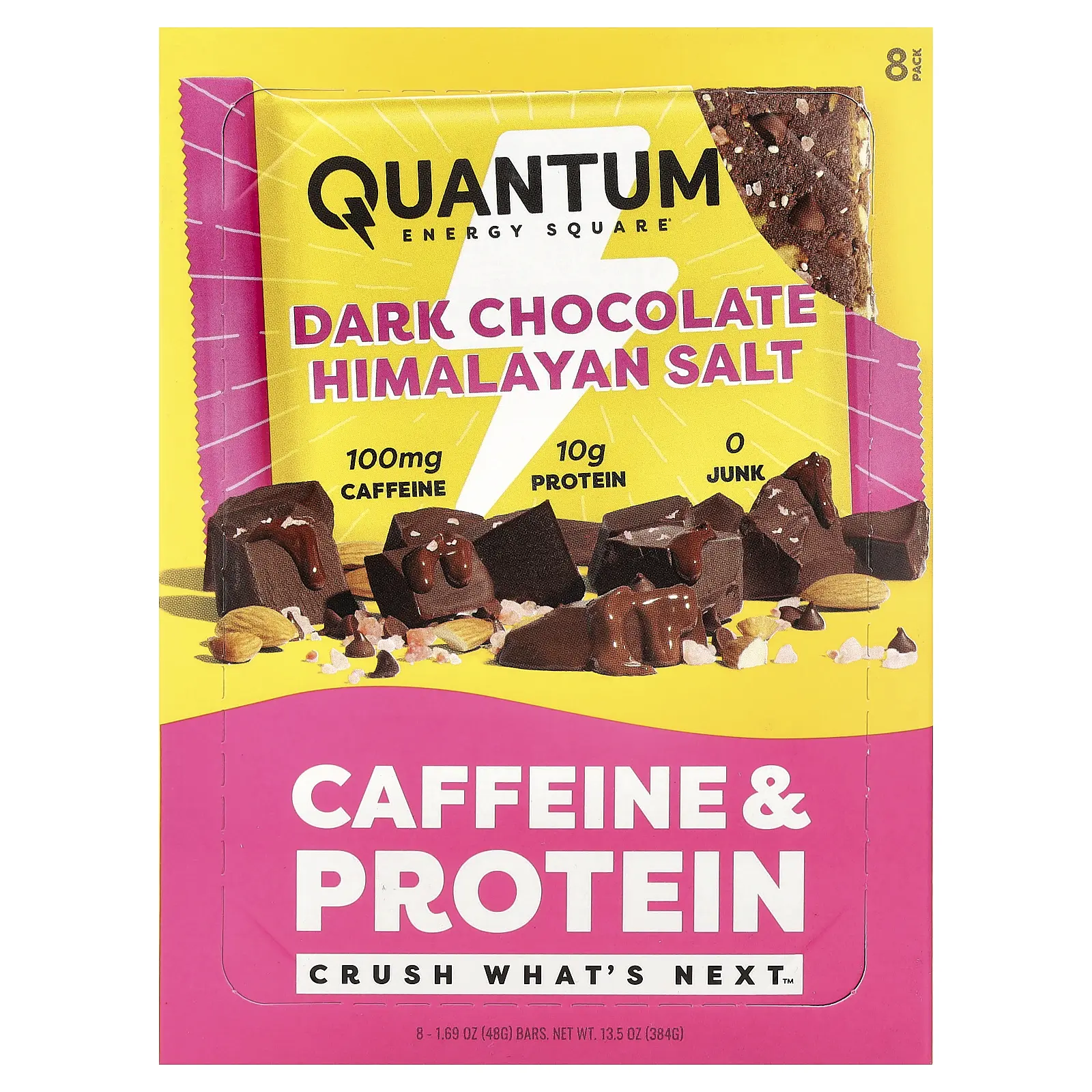 Quantum Energy Square Caffeine & Protein Bar, Dark Chocolate Himalayan Salt, 8 Bars, 1.69 oz (48 g) Each