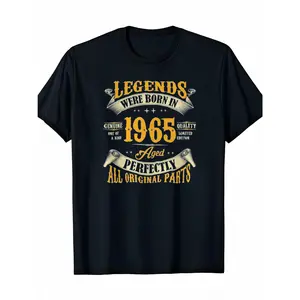 60th Birthday T-Shirt for Men, Legends Born in 1965 Vintage Crew Neck Short Sleeve 100% Cotton Black Tee