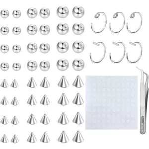 FLORIDECO 316L Stainless Steel Fake Eyebrow Ring Fake Lip Labret Studs Replacement Balls Spike with 100Pcs Sticker Non-Piercing Nose Rings Hoop Body Jewelry Fake Skin Piercing 3MM 4MM 5MM Daily