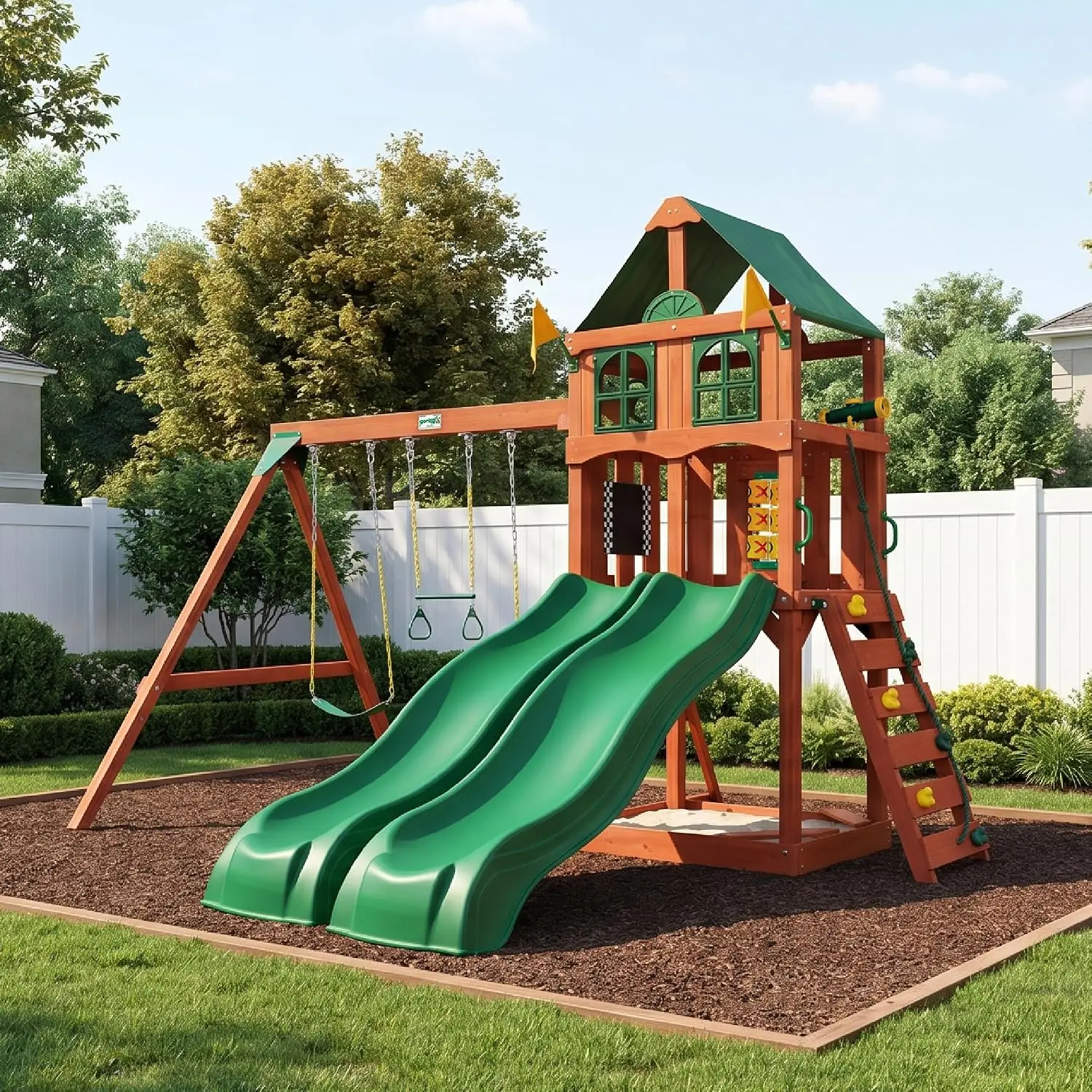 URGEWGorilla Playsets Playmaker Deluxe Wooden Swing Set with Vinyl Canopy Roof, Dual Wave Slides, and Rock Climbing Wall, Redwood Stained Cedar