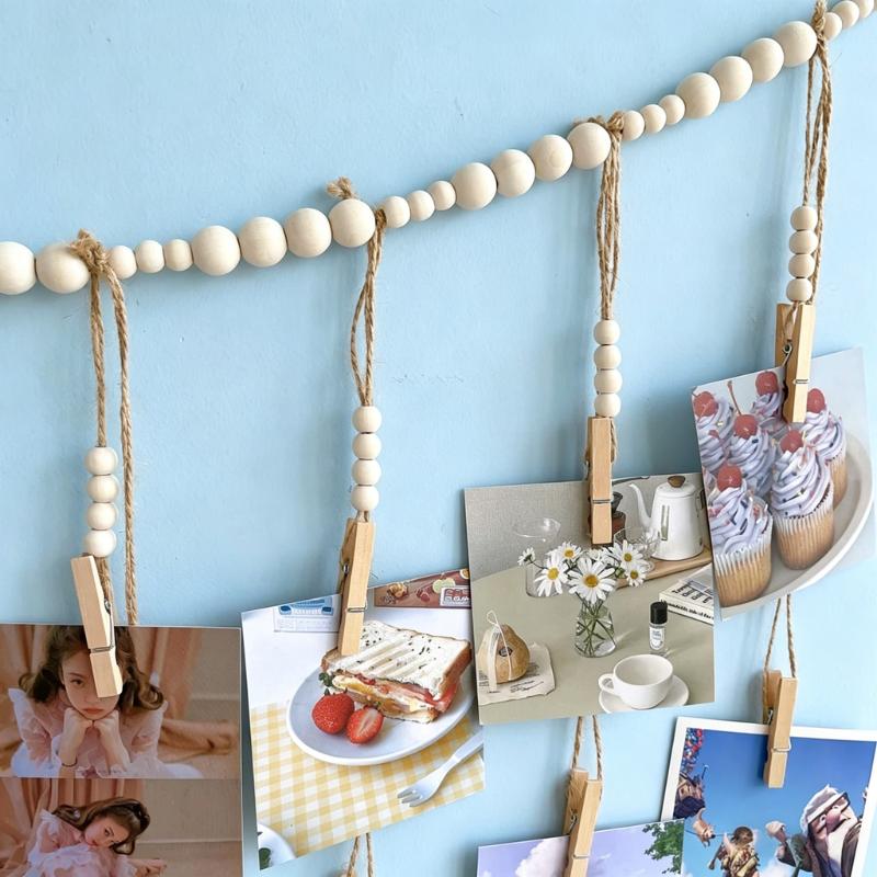Boho Photo Display String, 4ft Wooden Bead Garland with 9 Clips, Hanging Picture Collage Decor for Cubicle, Dorm, Nursery, Rustic Bedroom & Office