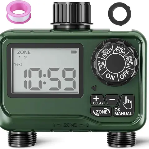BN-LINK Outdoor 2-Zone Programmable Sprinkler Timer - Cordless Battery-Powered Automatic Watering Device, Dual-Zone Control, IP54 Waterproof, No Wiring, Quick Setup, Large LCD, Rain Delay, Hose Attachment, Plastic Body, Sealing Gaskets, Garden Tool