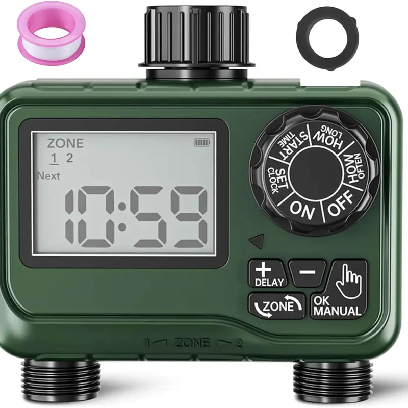 BN-LINK Outdoor 2-Zone Programmable Sprinkler Timer - Cordless Battery-Powered Automatic Watering Device, Dual-Zone Control, IP54 Waterproof, No Wiring, Quick Setup, Large LCD, Rain Delay, Hose Attachment, Plastic Body, Sealing Gaskets, Garden Tool