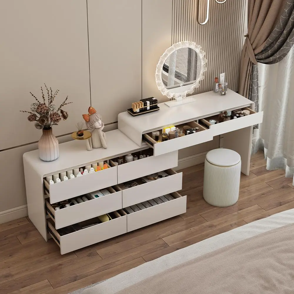 Light luxury cream-toned bedroom vanity table, modern minimalist solid wood makeup desk, integrated large-capacity storage cabinet