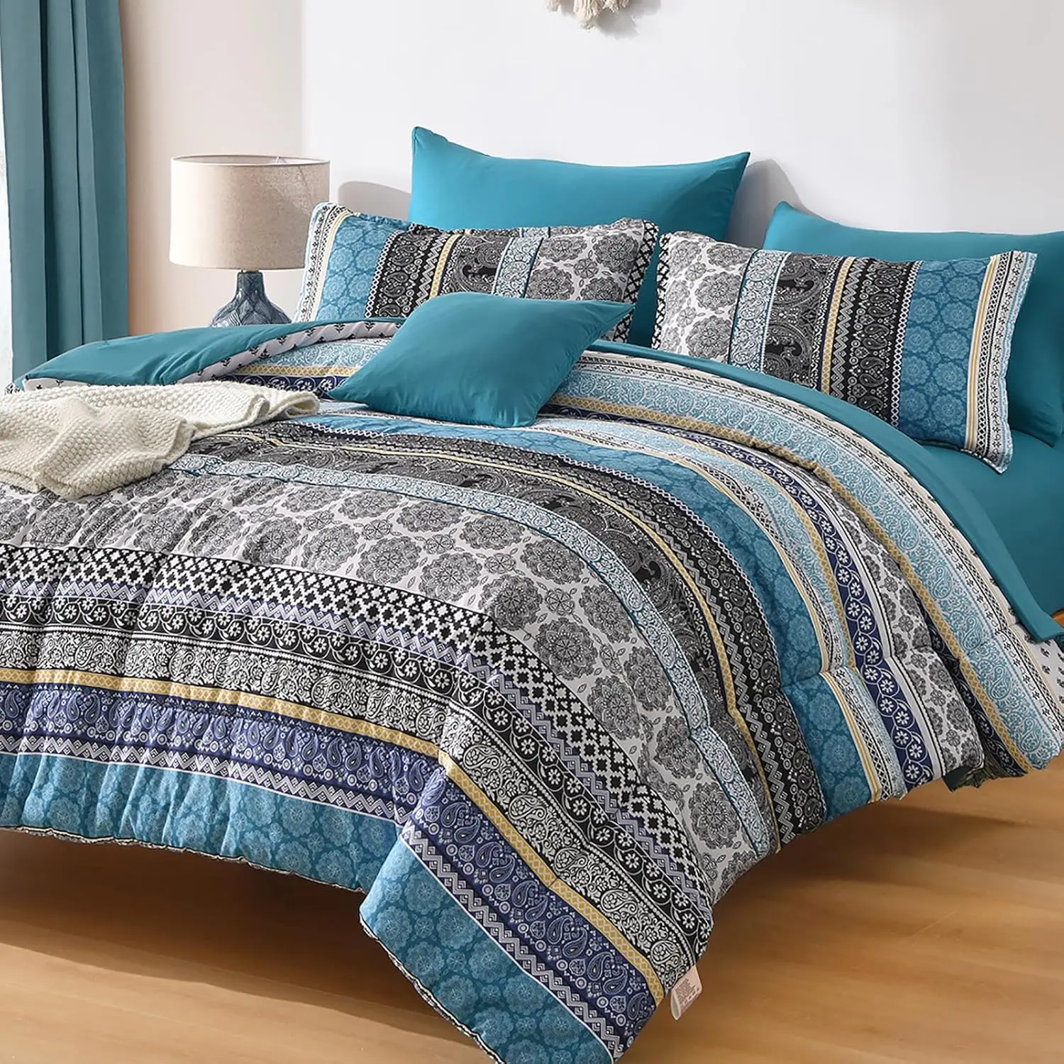Teal Comforter Set  Size,Boho Striped Bed in a Bag 8 count,Paisley Soft Microfiber Bedding Comforter Set