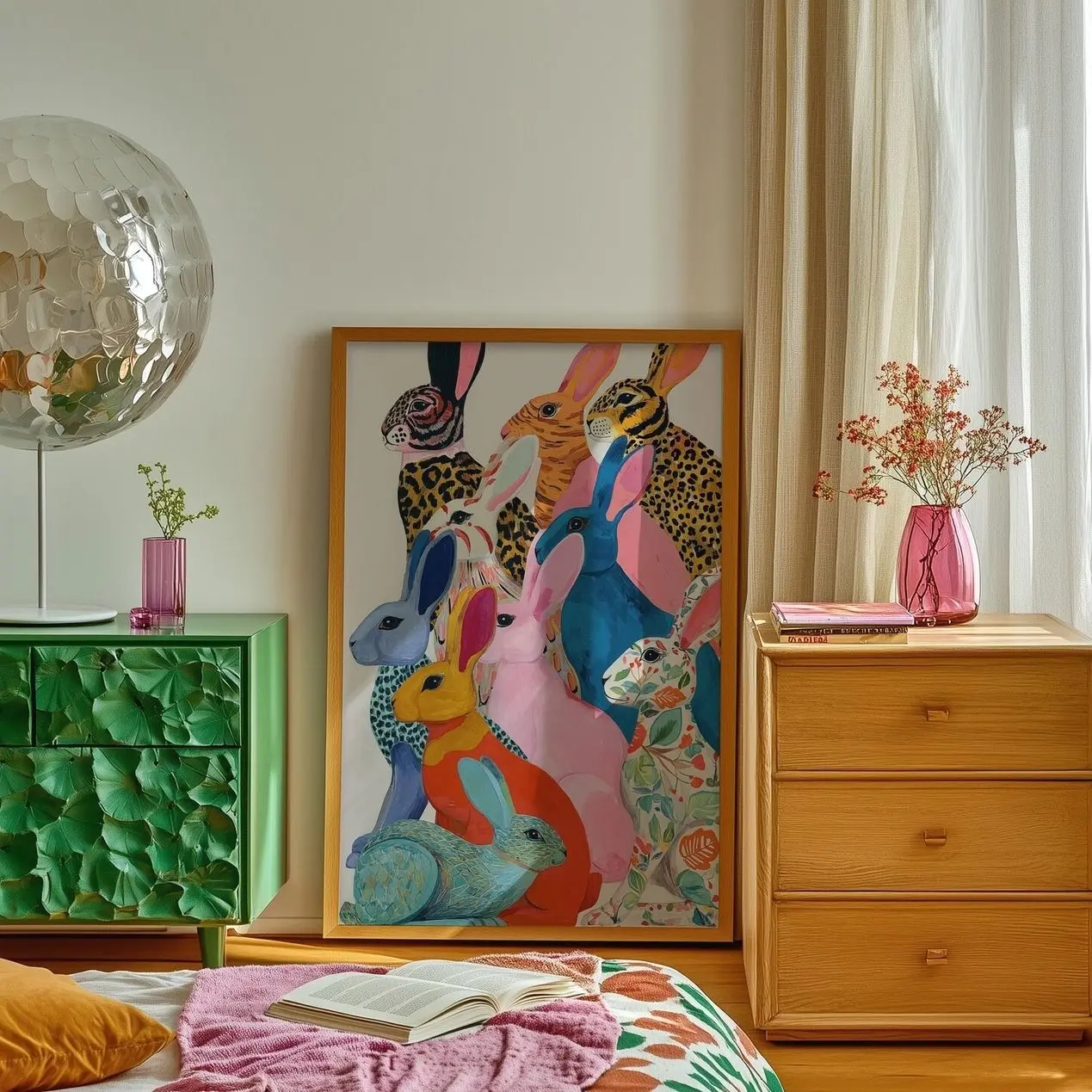 Colorful Rabbit Wall Art Eclectic Maximalist Animal Poster Home Decor Print H