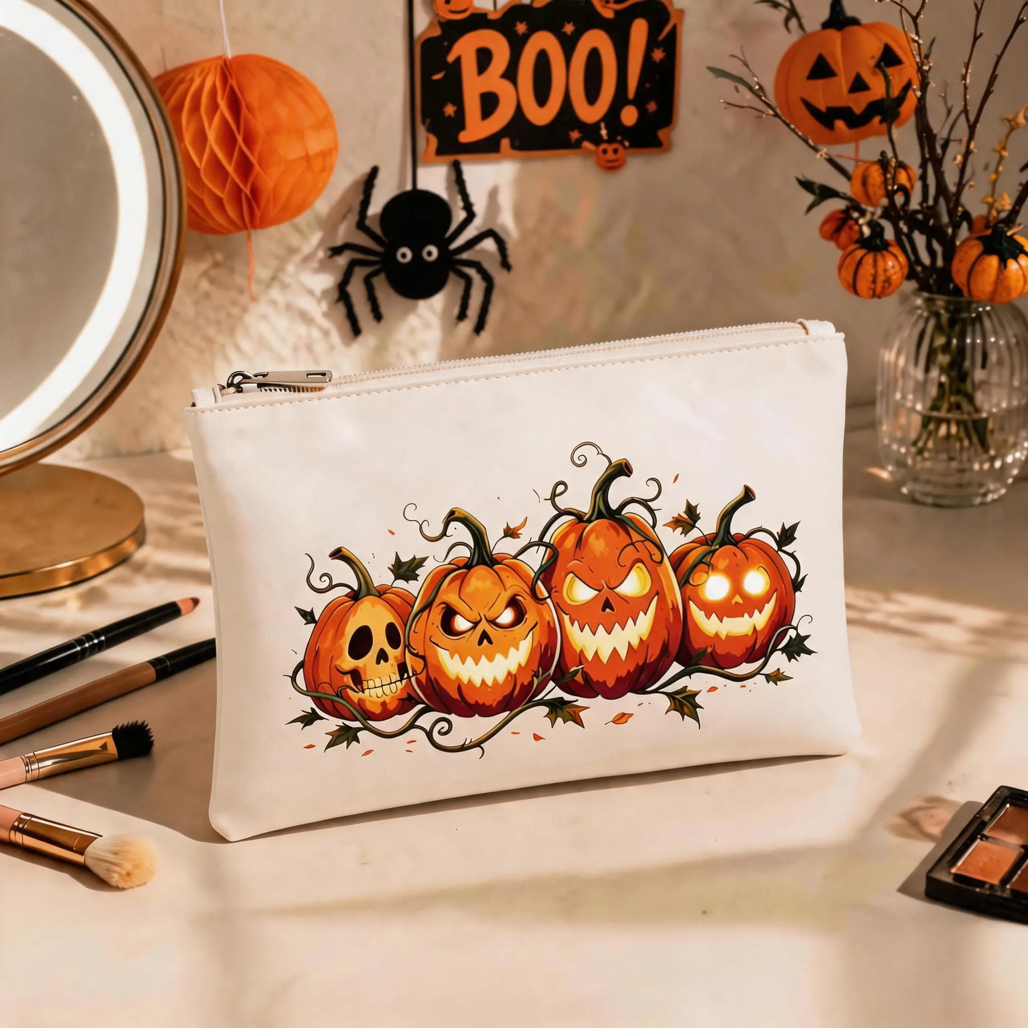 Halloween Makeup Bag Cosmetic Pouch Travel Toiletry Organizer for Women - PU  Zipper Pumpkin Print for Women Makeup Lovers - Perfect for  Travel Home School Work Halloween Parties Durable Multifunctional Lantern Illustrated