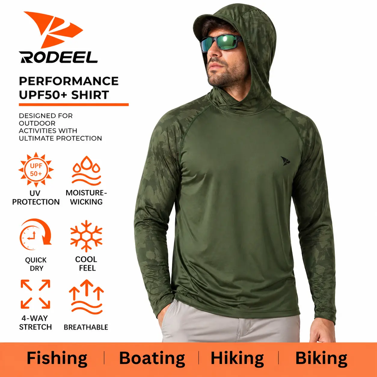RODEEL 933 Sun Hoodie Shirts w/ Thumbhole Men UPF 50+ UV Protection Long Sleeve Lightweight Quick Dry Moisture Wicking Breathable Cooling Stretchy Athletic Activewear for Outdoor Fishing Boating Hiking Construction Roofing Framing Landscaping summervibes