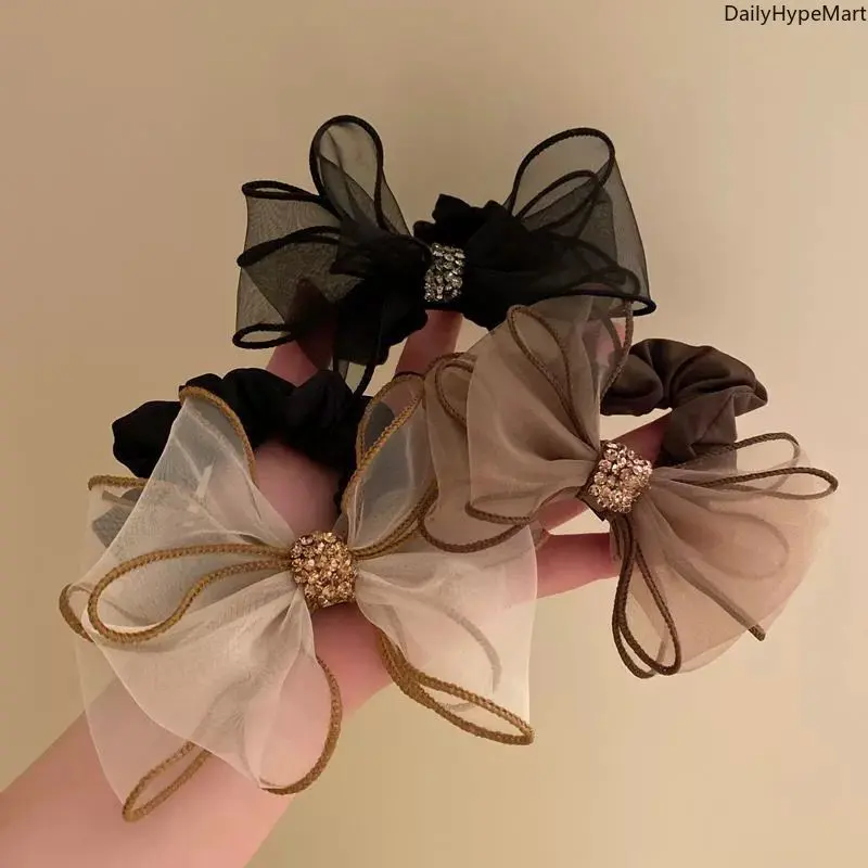 Rhinestone Bow Scrunchie - Korean-Style Elastic Hair Tie with Diamond Accents, Christmas, Engagement, Glamorous, Anniversary, Scrunchies For Hair, Stretchy Tie Band, Cute Bowknot Design