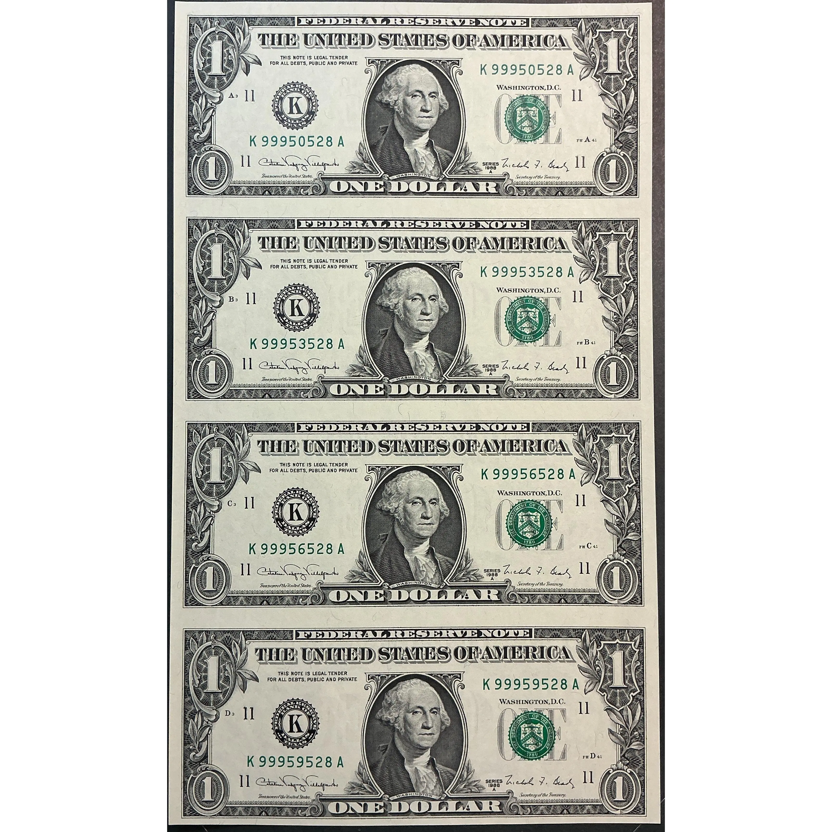 1988 Series $1 Notes, Sheet of 4 Bills, F.R.N., BEP, Store #FRN038