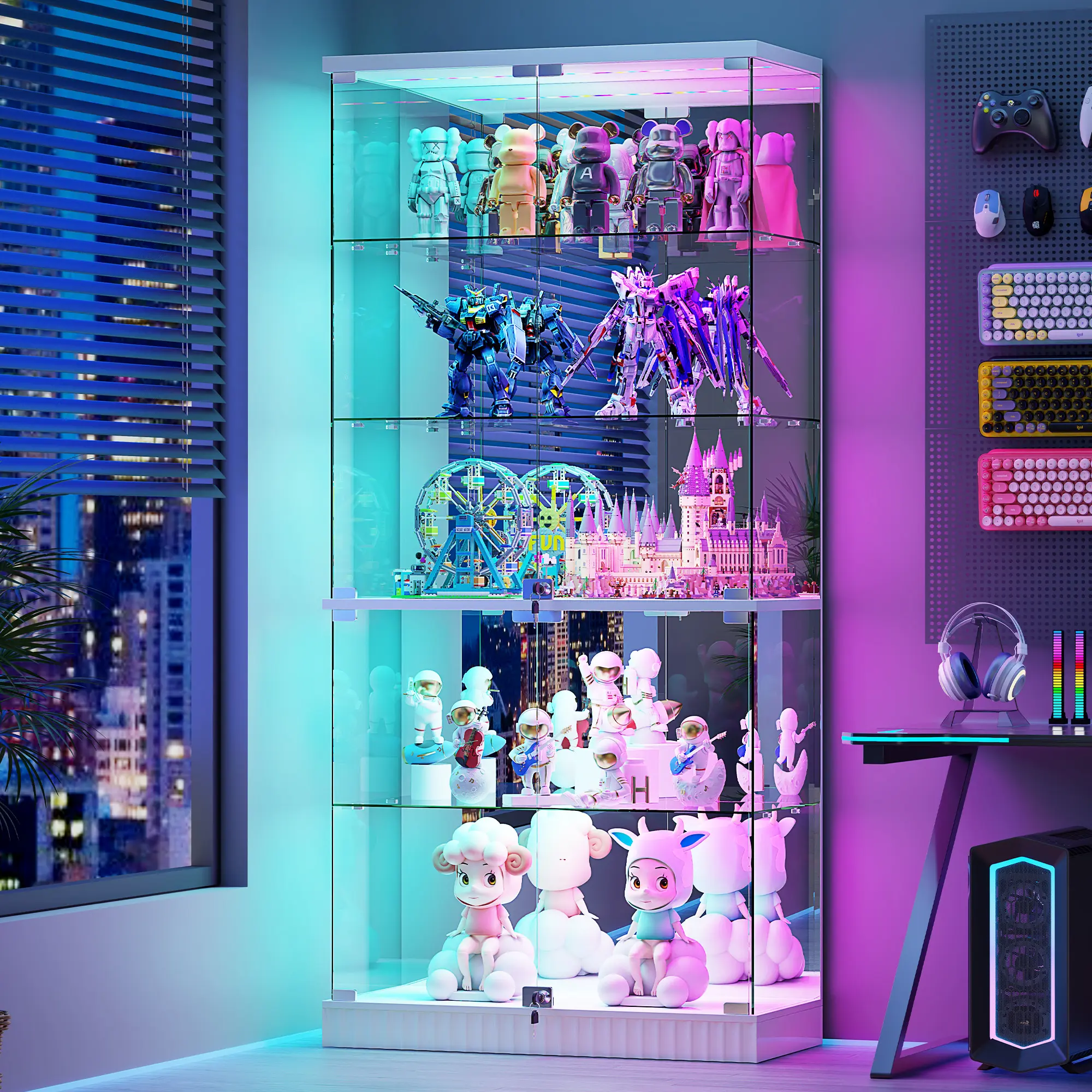 FREDEES Modern Glass Display Cabinet with RGB Lighting - 5-Tier Curated Lockable Cabinet, Frameless Tall Showcase Shelf for Collectibles, Living Room Storage Solution, Curated Cabinet, Modern Display Cabinet