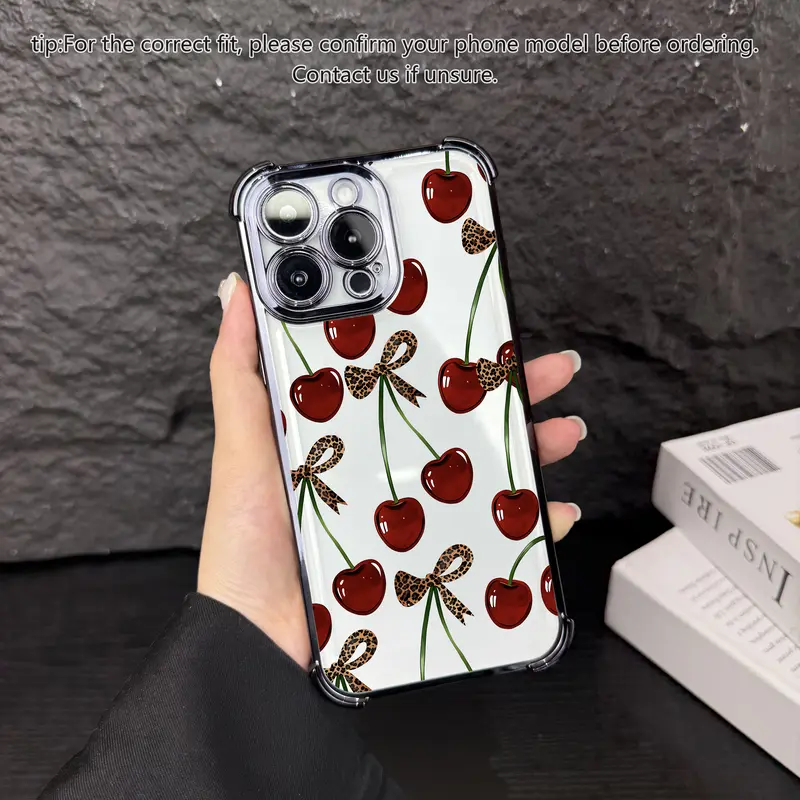 Elegant cherry pattern phone case, four corner airbag anti drop protection, anti yellowing electroplating ultra-thin TPU material, suitable for iPhone 18 Pro Max 17 Air 16 15 Plus 14 13 12 11 XR XS and Samsung Galaxy S25 S24 S23 S22 phone cases. A128