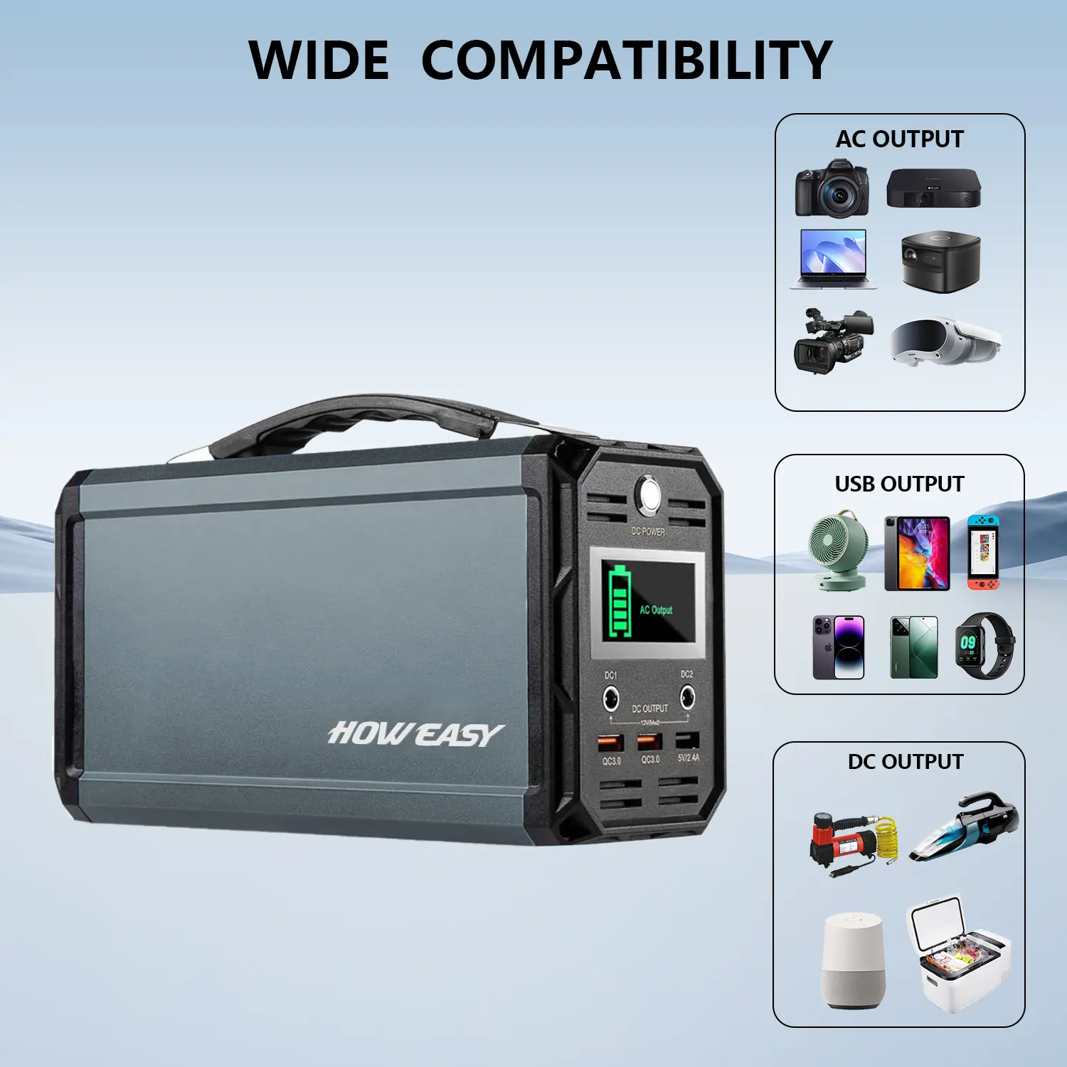 Howeasy 300W Aluminum Alloy Portable Power Station - 222Wh Lithium Battery, AC Socket, QC3.0 Port, DC Port, Solar Powered for Phones, Laptops, Cameras, Night Lights, Mini Fans, Radios