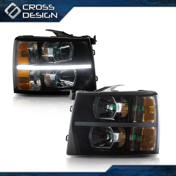 CROSSDESIGN LED Strip DRL Amber Signal Headlight Assemblies, LED Amber Car Lights, Fit For 2007-14 Silverado (Black/Smoke), Led Amber Car Lights Headlight Assemblies