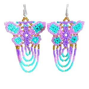 Mexican Beaded Earrings Artisanal Chaquira Butterfly Design Handmade in Mexico Vibrant Colors Intricate Beadwork Versatile Accessory