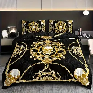 3-Piece Skull Print Bedding Set, Includes 1 Fitted Sheet & 2 Pillowcases, Breathable Polyester Fiber, All Seasons, Breathable Duvet Set