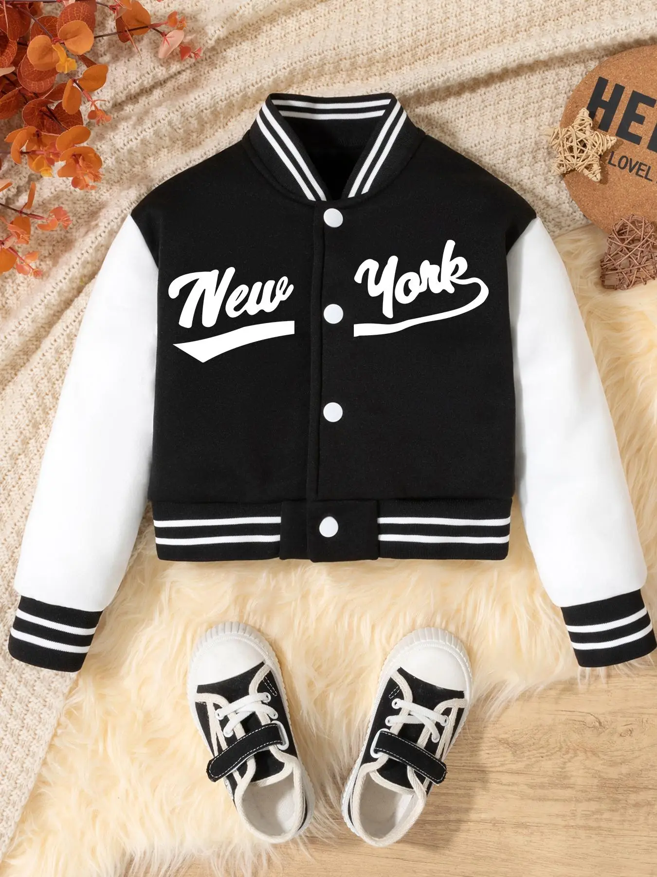 Toddler Girl's Colorblock Letter Print Button Front Varsity Jacket, Street Casual Long Sleeve Collared Outerwear for Fall & Winter, Kids Clothes for D