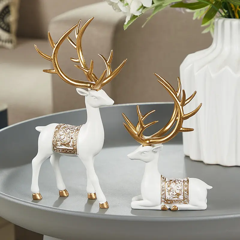Resin Deer Sculpture Set, Statue, Decorative Sculptures, Decorative Figurines, Decorative Piece, Feng Shui Decoration for New Home, Creative Gift for Valentine's Day, Christmas, New Year Decorations