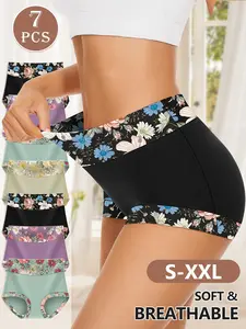 7-Pack High-Waisted Women's Underwear, Tummy Control Butt Lifting, Printed Floral Triangle Panties, Lightweight Breathable, All Seasons, Fit