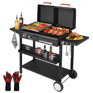 [SummerVibes] BESTFIRE Dual Fuel Propane Gas and Charcoal Grill Combo – Versatile Flat Top BBQ Grill with Dual Lids, 2 Side Shelves & Free BBQ Gloves for Outdoor Cooking, Backyard Party & Home Grilling tiktokshopspringglowup barbecue High Pressure