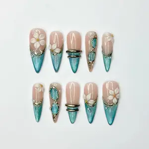 Teal Cat-Eye & 3D White Bloom Nails | Antique Gold Chrome Accents | Luxury Botanical Magnetic Stiletto Art | Elegant Nails