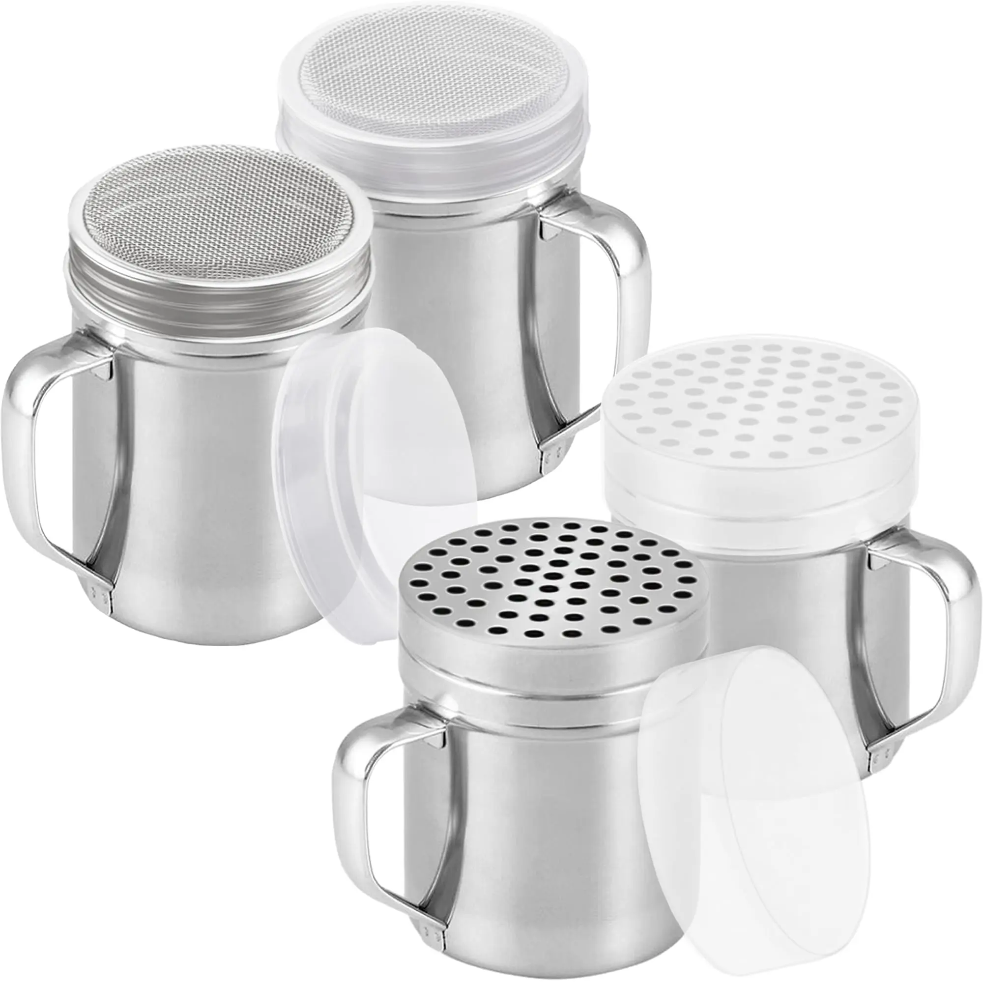 [2-pack] 10oz Metal Cheese Shaker With Large Holes  Powdered Sugar Fine Mesh - Handle And Lids