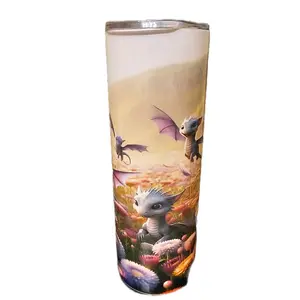 Dragon Field 20oz Tumbler - Features Adorable Dragon Design and Floral Motifs for a Unique Drinking Experience