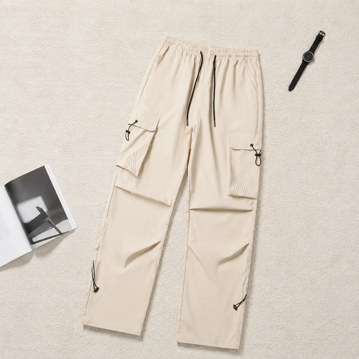 Men's Beige Utility Cargo Pants Adjustable Drawstring Wide Leg Streetwear Trousers, Relaxed Fit Casual Bottoms, Y2K Fashion, Clean Fit, Acubi Style, Viral Outfit, Trending 2026, Everyday Wear