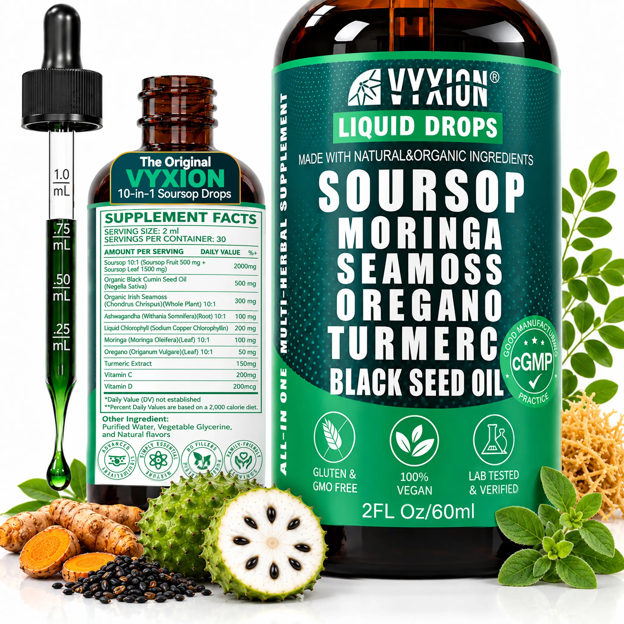 VYXION Pure Soursop 10 in 1 Liquid Drops Extract - Seamoss,Moringa,Black Seed Oil,Turmeric,Oregano Liquid Drops for Immune System and Gut Health Support