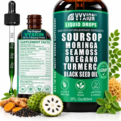 VYXION Pure Soursop 10 in 1 Liquid Drops Extract - Seamoss,Moringa,Black Seed Oil,Turmeric,Oregano Liquid Drops for Immune System and Gut Health Support
