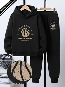 Boys' Spring & Fall Ootd Set, Cartoon Two-Piece 5-14 Years, Vintage Basketball Hoodie Casual Set, Gift for Sports Boys