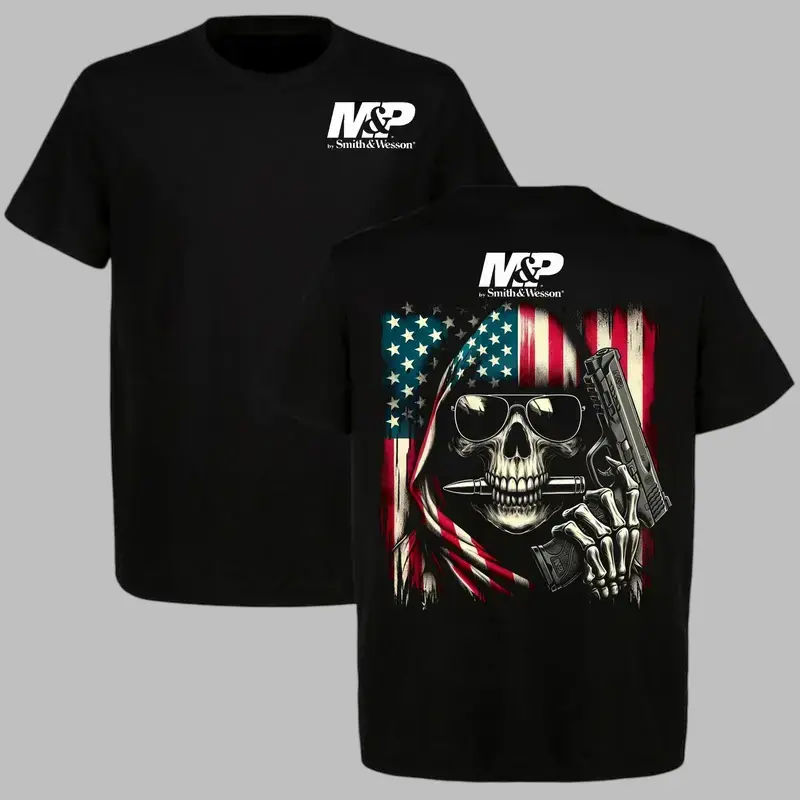 M&P by Smith & Wesson Skull American Flag T-Shirt – Tactical Gun Graphic Tee, 2A Patriotic Streetwear, Gift for Gun Enthusiasts Men