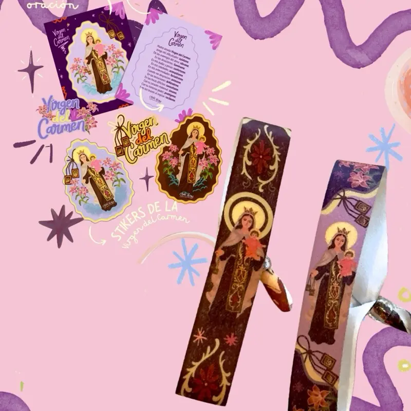 Virgen del Carmen Gift Set | Bracelet + Prayer Card + Sticker | Catholic Devotional Set