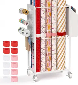Rolling Gift Wrapping Station with Storage Cart, Gift Wrap Organizer with Ribbon Holder, Craft Storage Rack and 12PCS Bands for Wrapping Paper, Supplies & Accessories