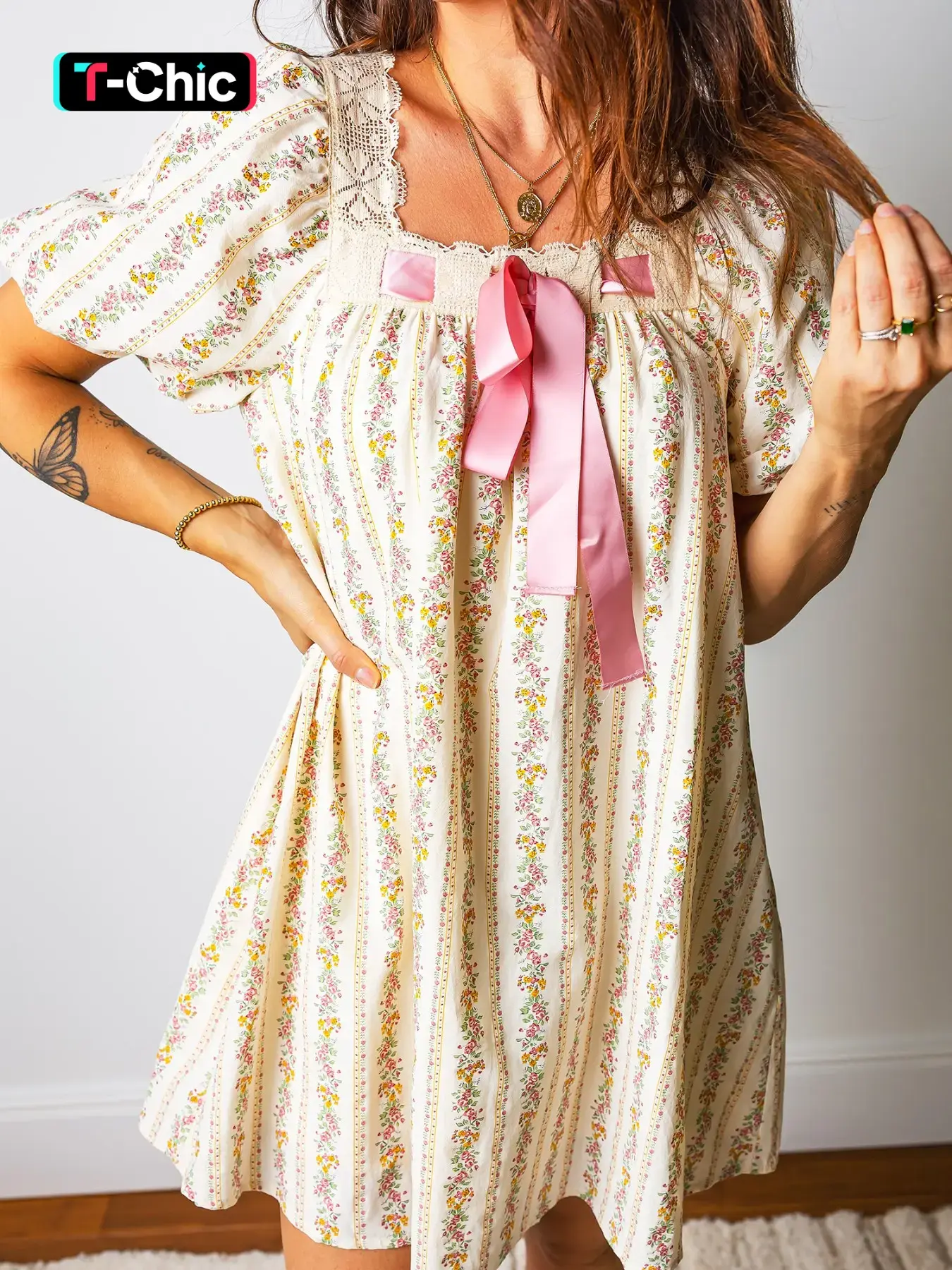 Summer Casual Colorful Floral Print Contrast Ribbon Bow Lace Trim Square Neck Short Dress, Women's Fashion Midi Dress for Summer Casual Wear, Casual Fashionable Dress
