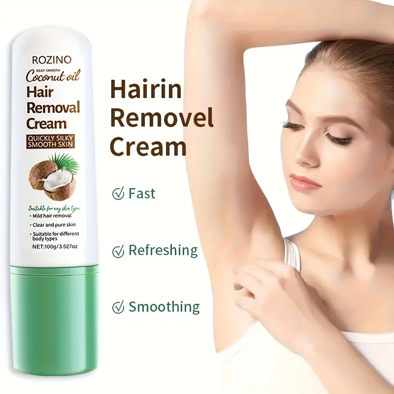 ROZINO Coconut Oil Hair Removal Cream - Body Care, All, Single Item, Apply & Wipe, Fast Acting, Natural Oils Infused, Sensitive Skin Safe, No Razor Burn, Gentle Formula for Sensitive Areas, Multi-Use, Instant Smooth Skin, Refreshing summervibes☀️