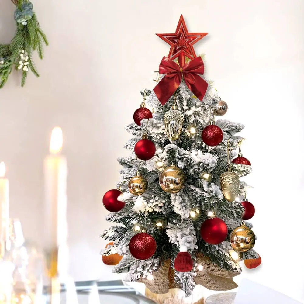Red Flocked Mini Christmas Tree 22in - Illuminated Tabletop Decoration for Home & Office