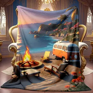 1pc Beach Camping Sunset Pattern Theme Pattern Flannel Blanket Soft High-definition Digital Printing Cooling Blanket Suitable For All Year Round! 100% Polyester Fiber, Suitable For Family And Friends All Year Round