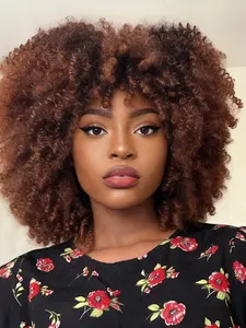 14 Inch Ombre Afro Kinky Curly Wig with Bangs, Short Synthetic Hair Wig, Glueless Wig for Women, Daily Party Cosplay Use
